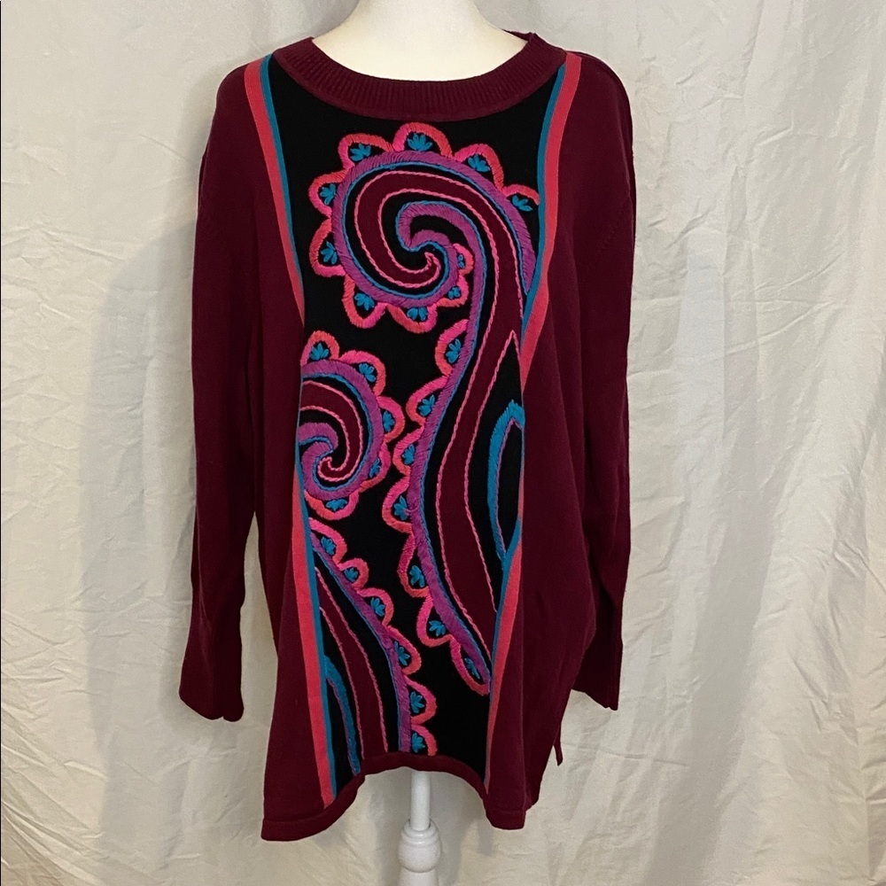Bob Mackie Wearable Art Vintage Women's Burgundy Paisley Knit Sweater. Size 2X. - Picture 3 of 16